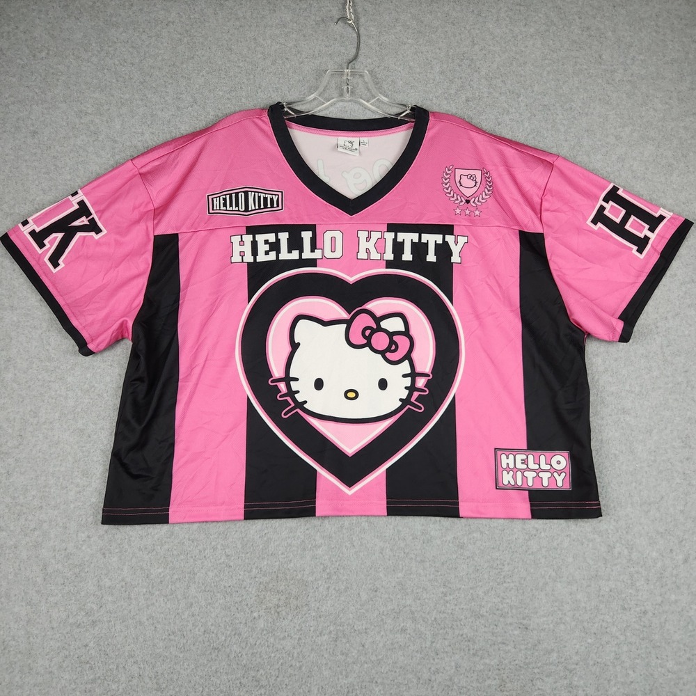 Hello Kitty By Sanrio Crop Jersey Womens L Pink Black Mesh Striped Sanrio Sporty